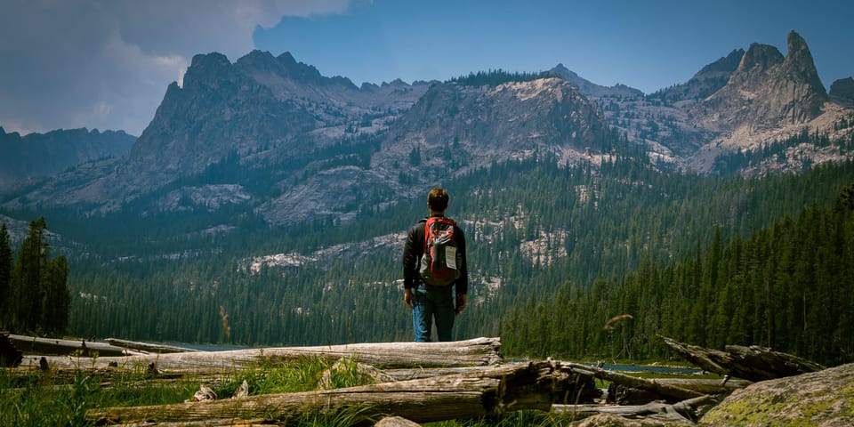 Hiker with a backpack standing on logs looking toward jagged granite peaks and pine forest